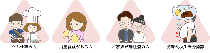 立ち仕事の方・出産経験がある方・ご家族が静脈瘤の方・肥満の方(生活習慣病)などは下肢静脈瘤になりやすい傾向が
